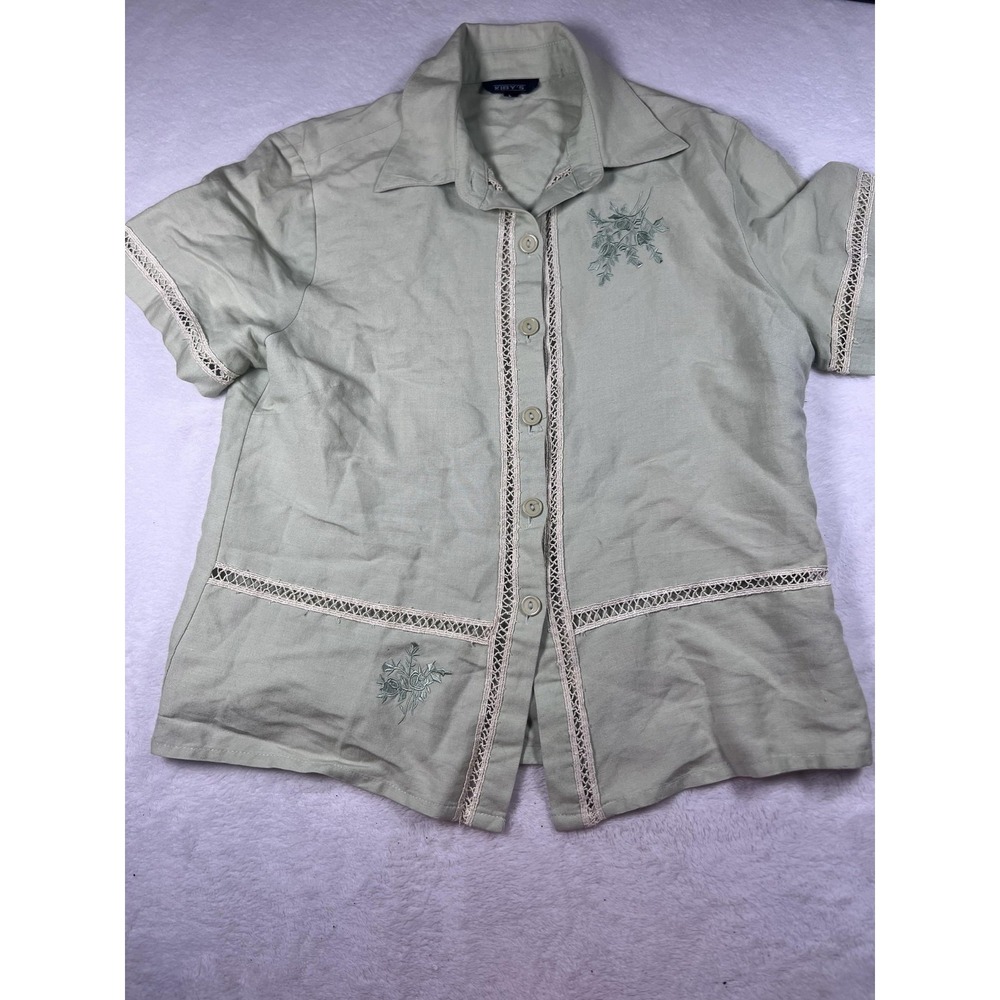 KIBY'S Blouse Womens Large Green Embroidered Crochet Button Short Sleeve Top